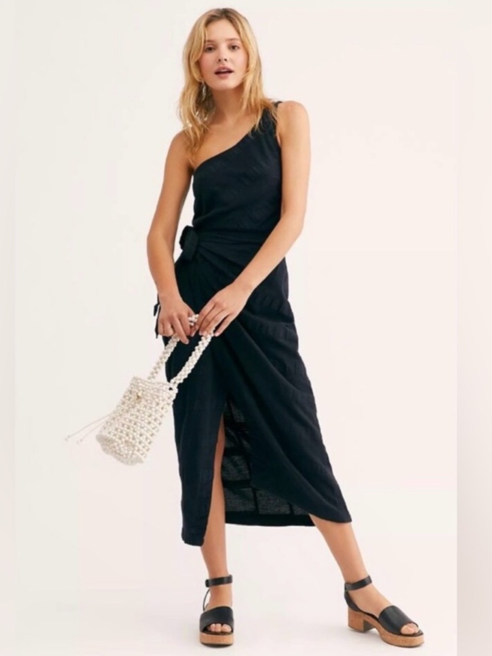 Free People Free-est At Leisure Black Linen Blend Midi Dress with Side Knot